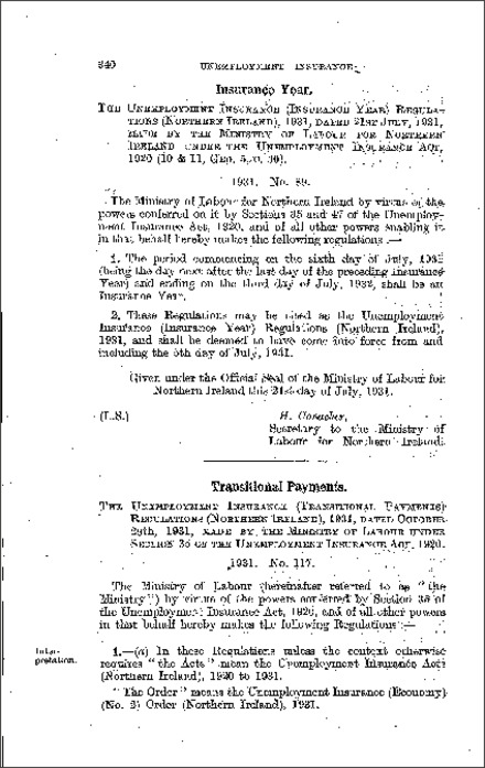 The Unemployment Insurance (Transitional Payments) Regulations (Northern Ireland) 1931