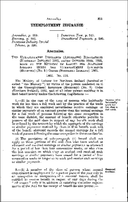 The Unemployment Insurance (Anomalies) Regulations (Northern Ireland) 1931