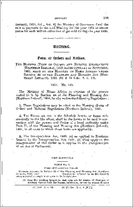 The Housing (Form of Orders and Notices) Regulations (Northern Ireland) 1931