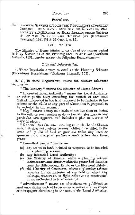 The Planning Schemes (Procedure) Regulations (Northern Ireland) 1931