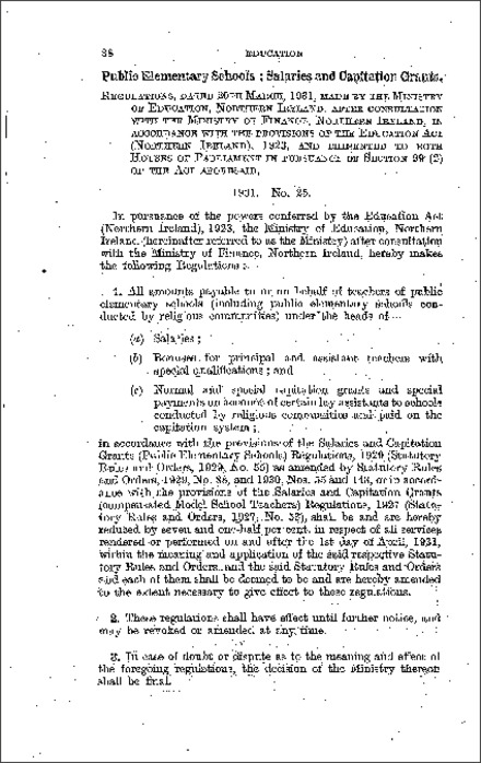 The Salaries and Capitation Grants (Public Elementary Schools) Interim Regulations (Northern Ireland) 1931