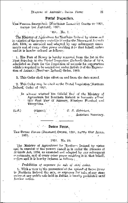 The Swine Fever (Belfast) Order (Northern Ireland) 1931
