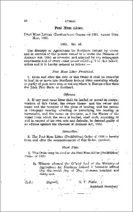 The Peat Moss Litter (Prohibition) Order (Northern Ireland) 1931