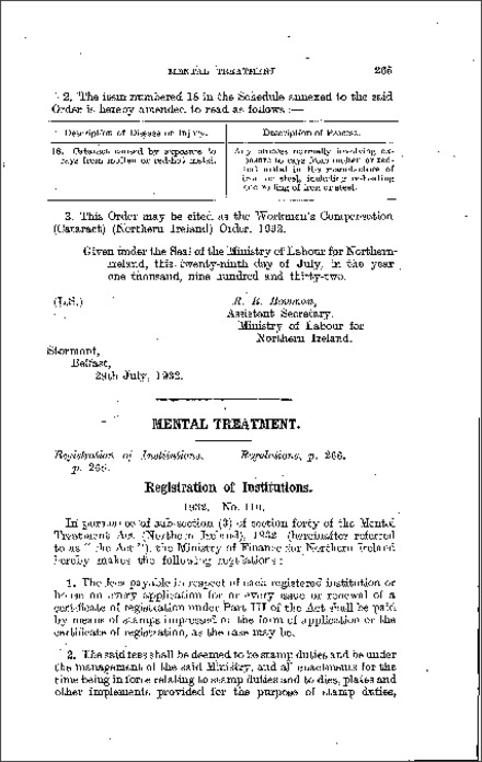 The Mental Treatment (Registration of Institutions and Houses) Fees Regulations (Northern Ireland) 1932