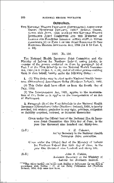 The National Health Insurance (Outworkers) Amendment Order (Northern Ireland) 1932