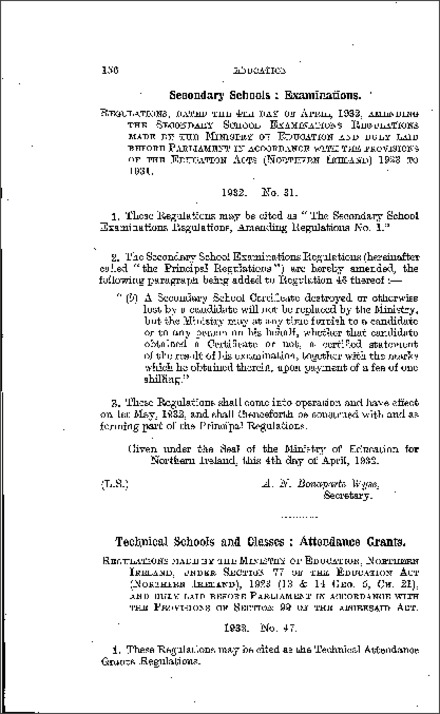 The Secondary School Examinations Amendment Regulations No. 1 (Northern Ireland) 1932