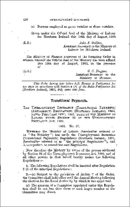 The Unemployment Insurance (Transitional Payments) (Amendment) Regulations (Northern Ireland) 1932