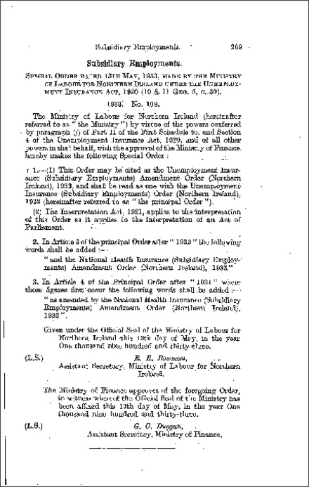 The Unemployment Insurance (Subsidiary Employments) Amendment Order (Northern Ireland) 1933
