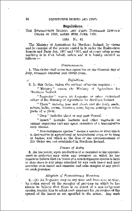 The Destructive Insects and Pests Order (Northern Ireland) 1933