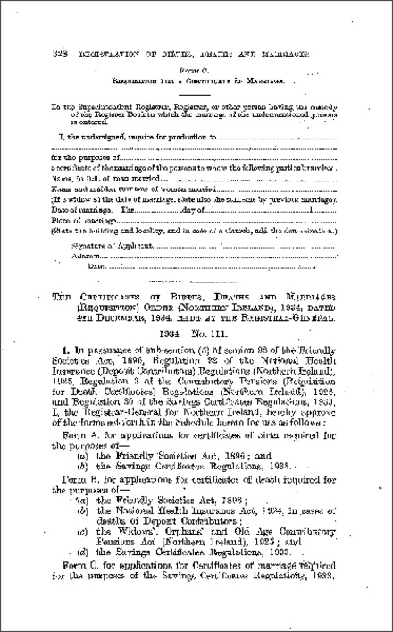 The Certificates of Births, Deaths and Marriages (Requisition) Order (Northern Ireland) 1934