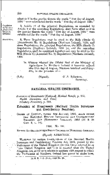 The National Health Insurance and Contributory Pensions (Enactments) Order (Northern Ireland) 1935
