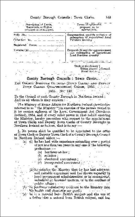 The County Borough Councils (Town Clerks and Deputy Town Clerks Qualifications) Order (Northern Ireland) 1935