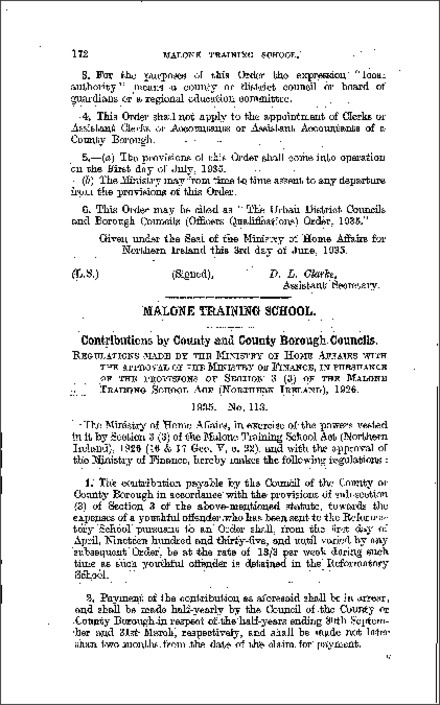 The Malone Training School (Contributions) Order (Northern Ireland) 1935