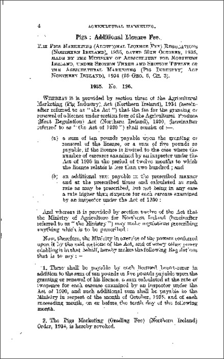 The Pigs Marketing (Additional Licence Fee) Regulations (Northern Ireland) 1935