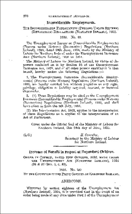 The Unemployment Insurance (Increase of Benefit in Respect of Dependent Children) Order (Northern Ireland) 1935