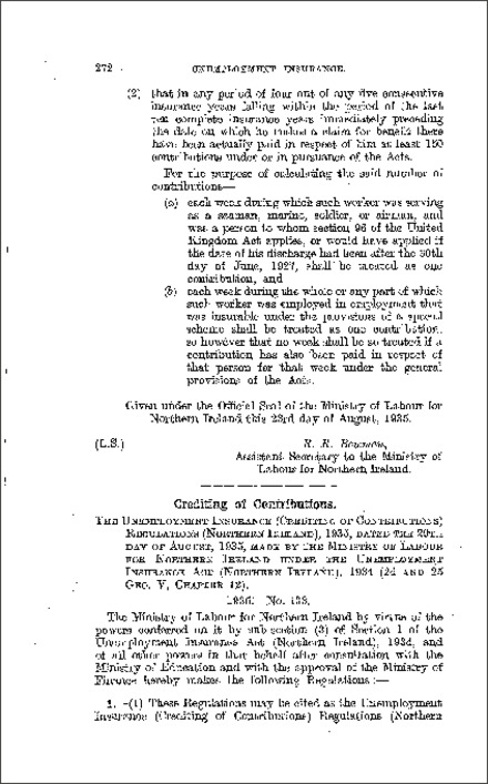 The Unemployment Insurance (Crediting of Contributions) Regulations (Northern Ireland) 1935