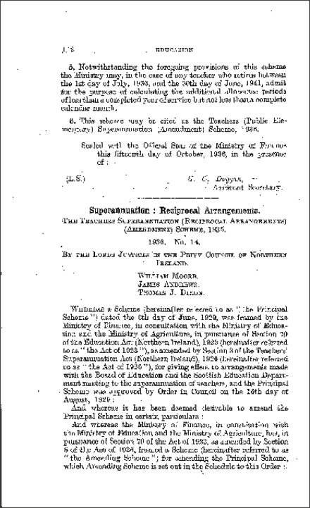 The Teachers' Superannuation (Reciprocal Arrangements) (Amendment) Scheme (Northern Ireland) 1936