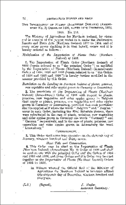The Importation of Plants (Amendment No. 2) Order (Northern Ireland) 1936