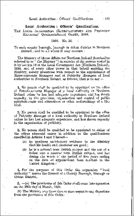 The Local Authorities (Entertainments and Publicity Managers' Qualifications) Order (Northern Ireland) 1936