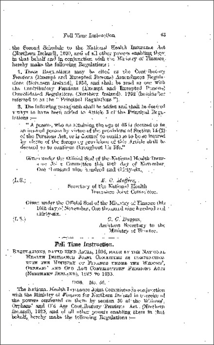 The Contributory Pensions (Full Time Instruction) Regulations (Northern Ireland) 1936
