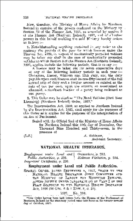 The National Health Insurance (Employment under Local and Public Authorities) Order (Northern Ireland) 1937