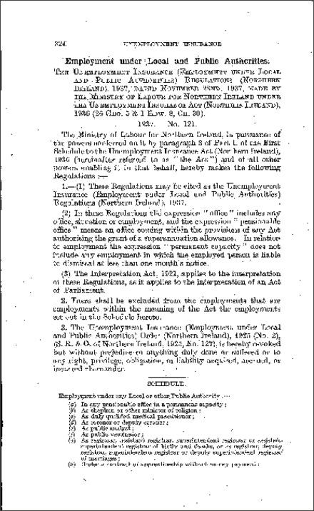 The Unemployment Insurance (Employment under Local and Public Authorities) Regulations (Northern Ireland) 1937