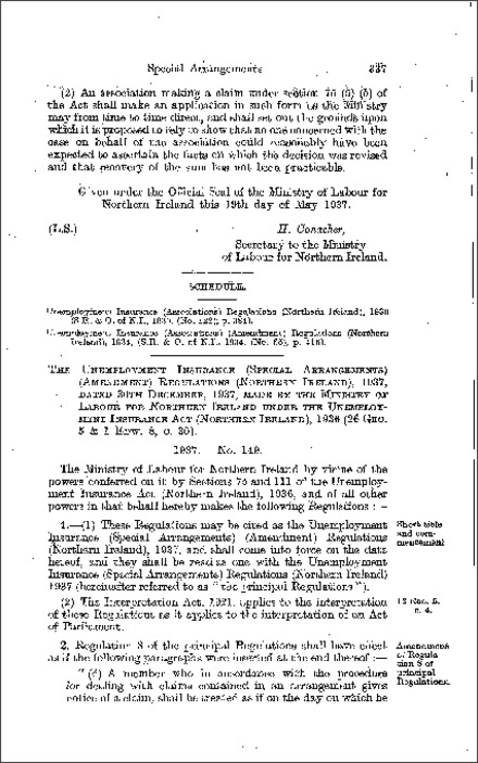 The Unemployment Insurance (Special Arrangements) (Amendment) Regulations (Northern Ireland) 1937