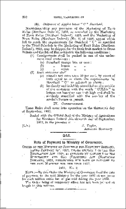 The Gas Order: Rate of Payment to Ministry of Commerce (Northern Ireland) 1937