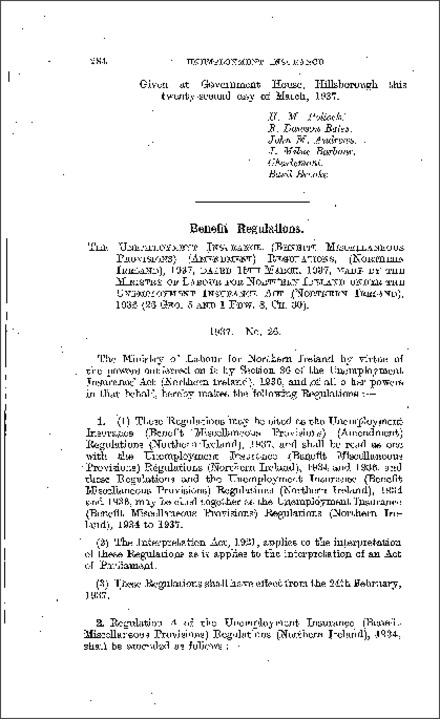 The Unemployment Insurance (Benefit Miscellaneous Provisions) (Amendment) Regulations (Northern Ireland) 1937