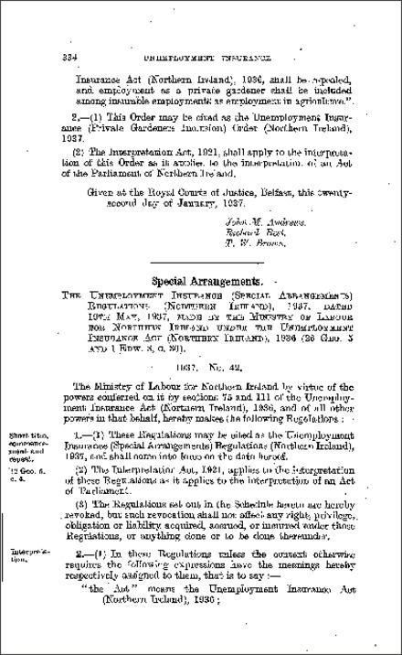 The Unemployment Insurance (Special Arrangements) Regulations (Northern Ireland) 1937