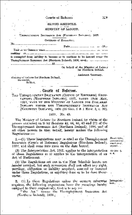 The Unemployment Insurance (Courts of Referees) Regulations (Northern Ireland) 1937
