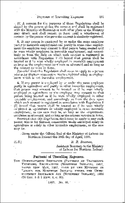 The Unemployment Insurance (Payment of Travelling Expenses) Regulations (Northern Ireland) 1937