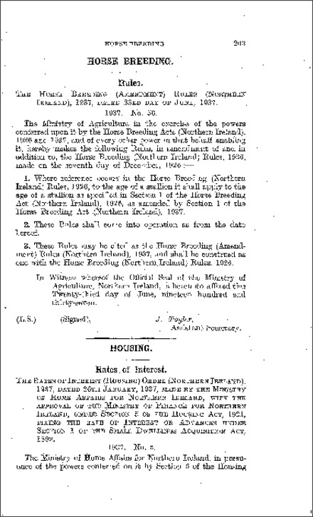The Horse Breeding (Amendment) Rules (Northern Ireland) 1937