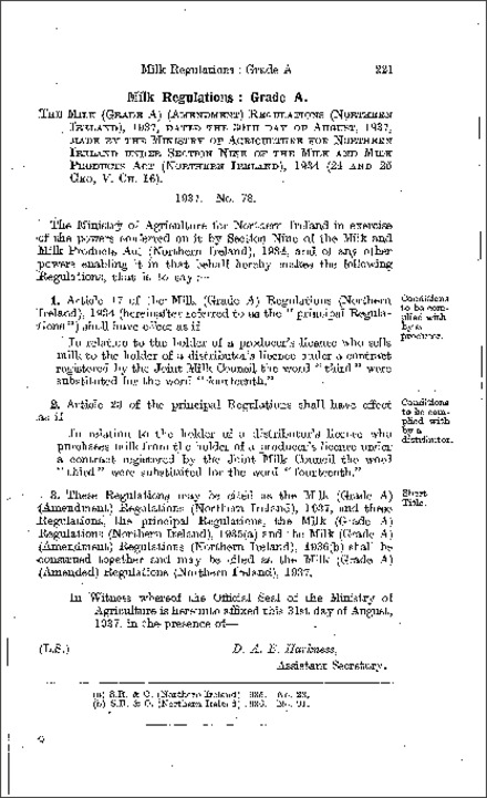 The Milk (Grade A) (Amendment) Regulations (Northern Ireland) 1937