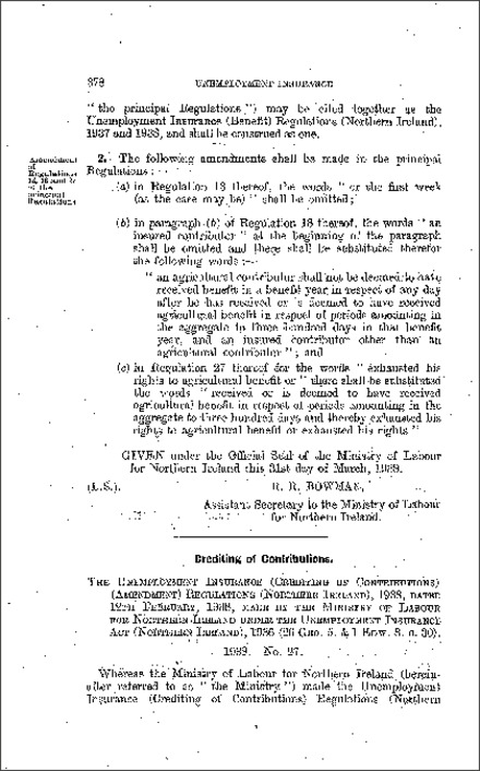The Unemployment Insurance (Crediting of Contributions) (Amendment) Regulations (Northern Ireland) 1938