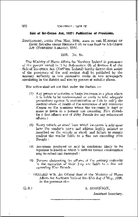 The Sale of Ice-Cream: Publication of Provisions Regulations (Northern Ireland) 1938