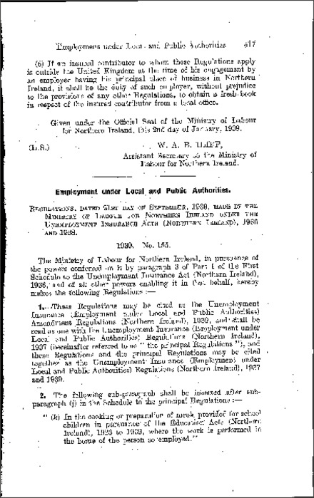 The Unemployment Insurance (Employment under Local and Public Authorities) Amendment Regulations (Northern Ireland) 1939