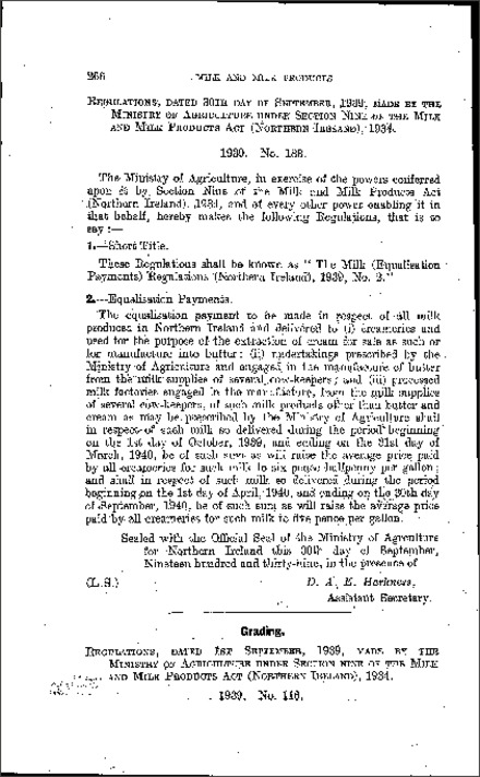 The Milk (Equalisation Payments) Regulations (Northern Ireland) 1939