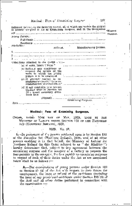 The Factories (Fees of Examining Surgeons) Order (Northern Ireland) 1939