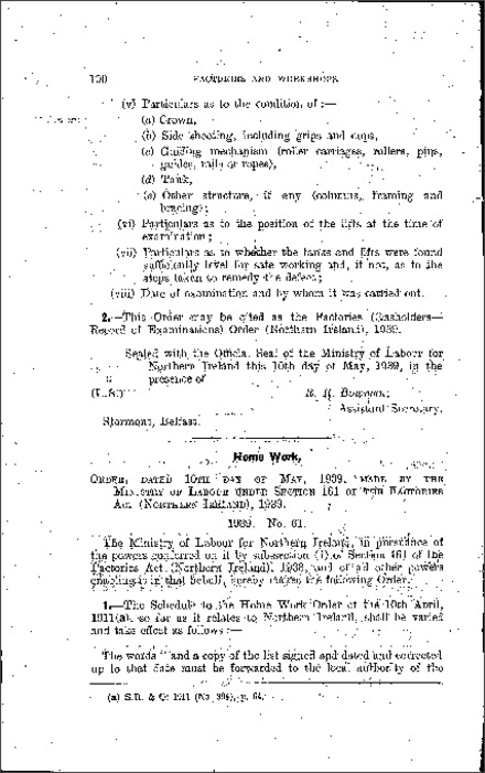 The Factories (Home Work Order Variation) Order (Northern Ireland) 1939