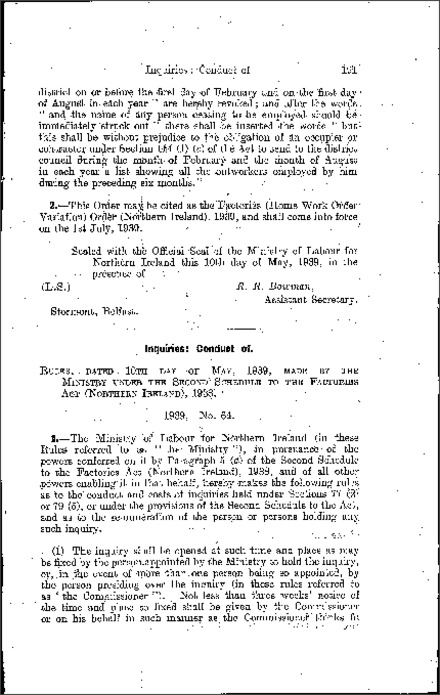 The Factories (Conduct of Inquiries) Rules (Northern Ireland) 1939