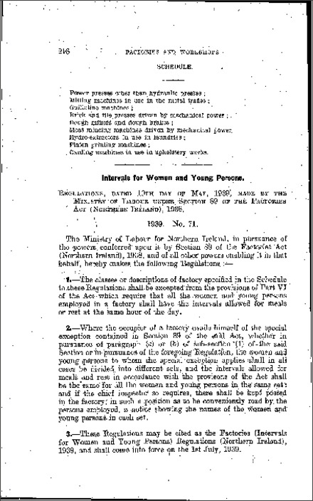 The Factories (Intervals for Women and Young Persons) Regulations (Northern Ireland) 1939