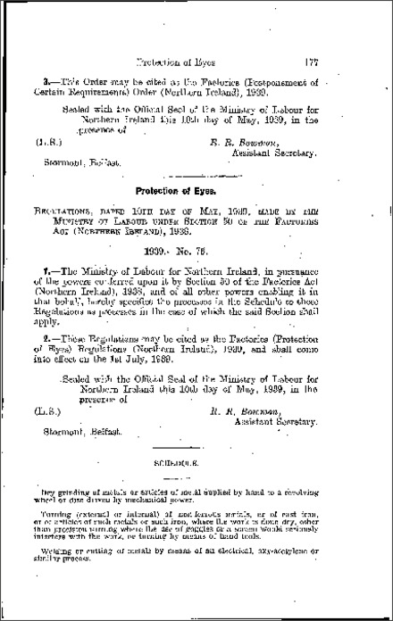 The Factories (Protection of Eyes) Regulations (Northern Ireland) 1939