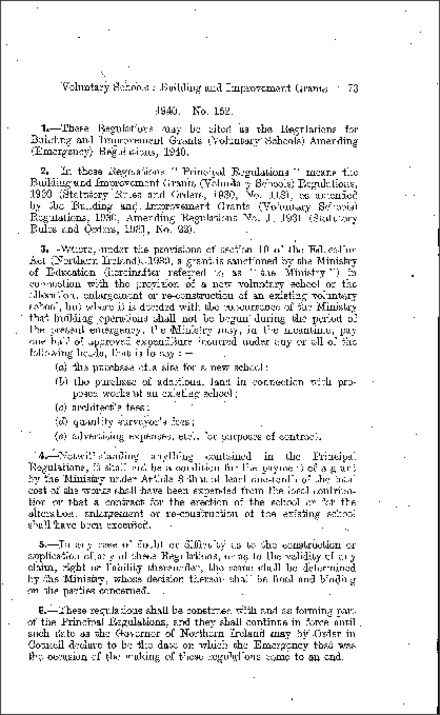 The Building and Improvement Grants (Voluntary Schools) Amendment (Emergency) Regulations (Northern Ireland) 1940