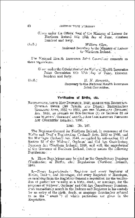 The Contributory Pensions (Verification of Births, etc.) Regulations (Northern Ireland) 1940