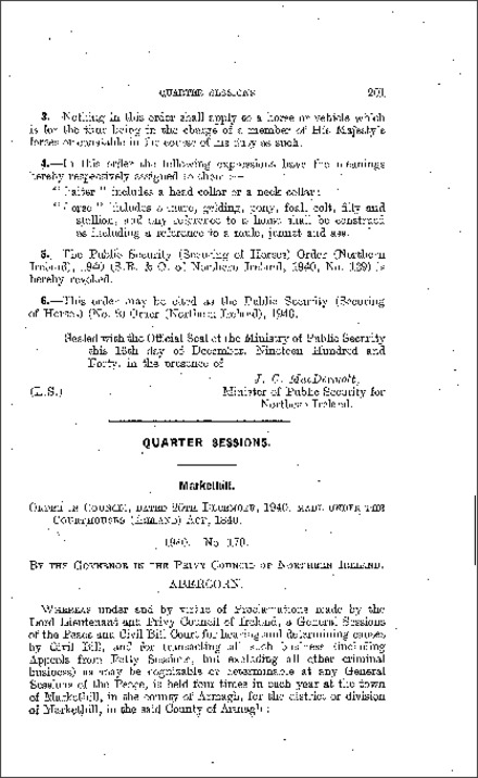 The Markethill Quarter Sessions and Civil Bill Court Order (Northern Ireland) 1940