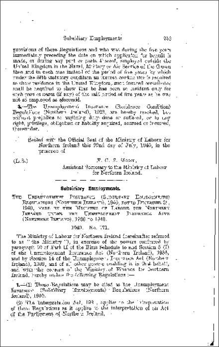The Unemployment Insurance (Subsidiary Employments) Regulations (Northern Ireland) 1940