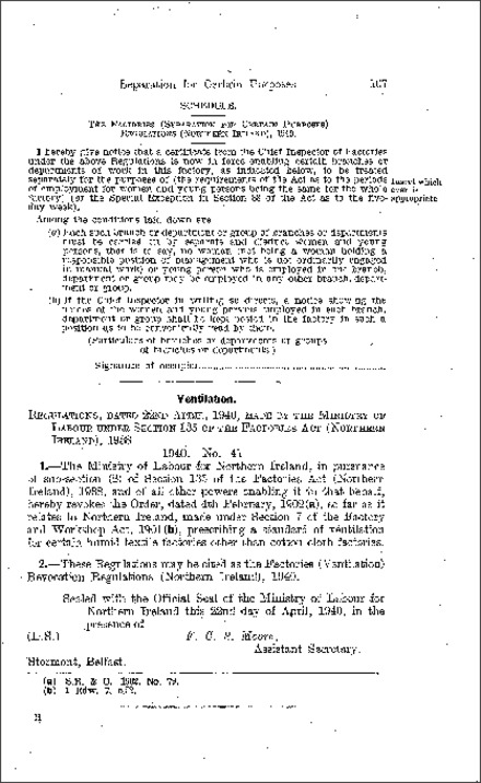 The Factories (Ventilation) Revocation Regulations (Northern Ireland) 1940