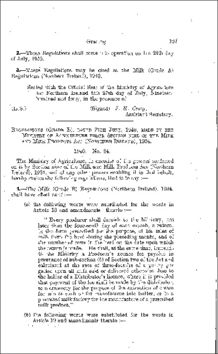The Milk (Grade B) Regulations (Northern Ireland) 1940