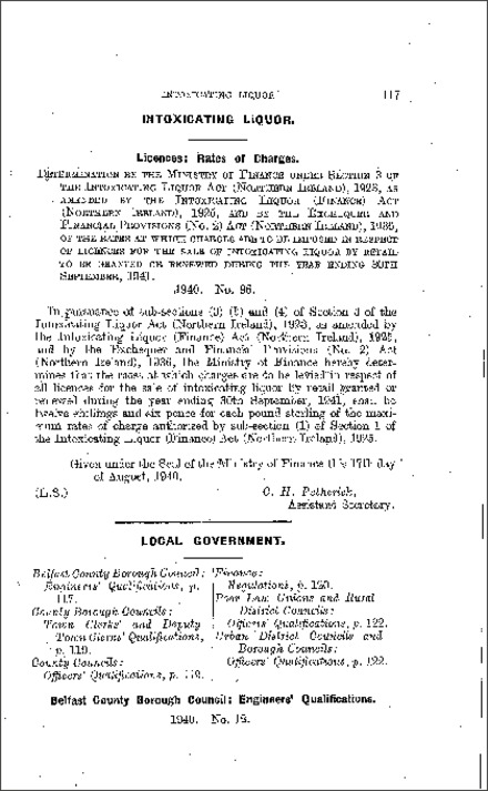 The Intoxicating Liquor (Licences) Rates of Charges Order (Northern Ireland) 1940